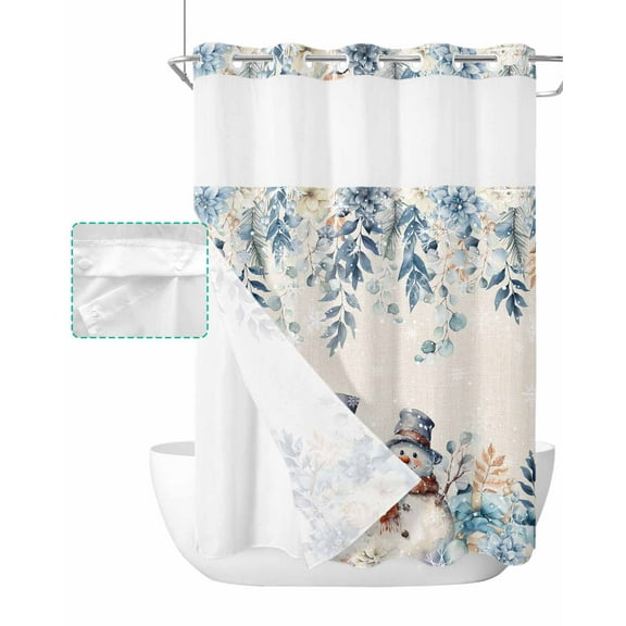 No Hook Shower Curtain with Snap in Liner, Blue Christmas Snowman Gift Flower Holly Eucalyptus Linen Shower Curtains for Bathroom, Washable Shower Curtain Liner Set with Mesh Top Window, 48"x72"