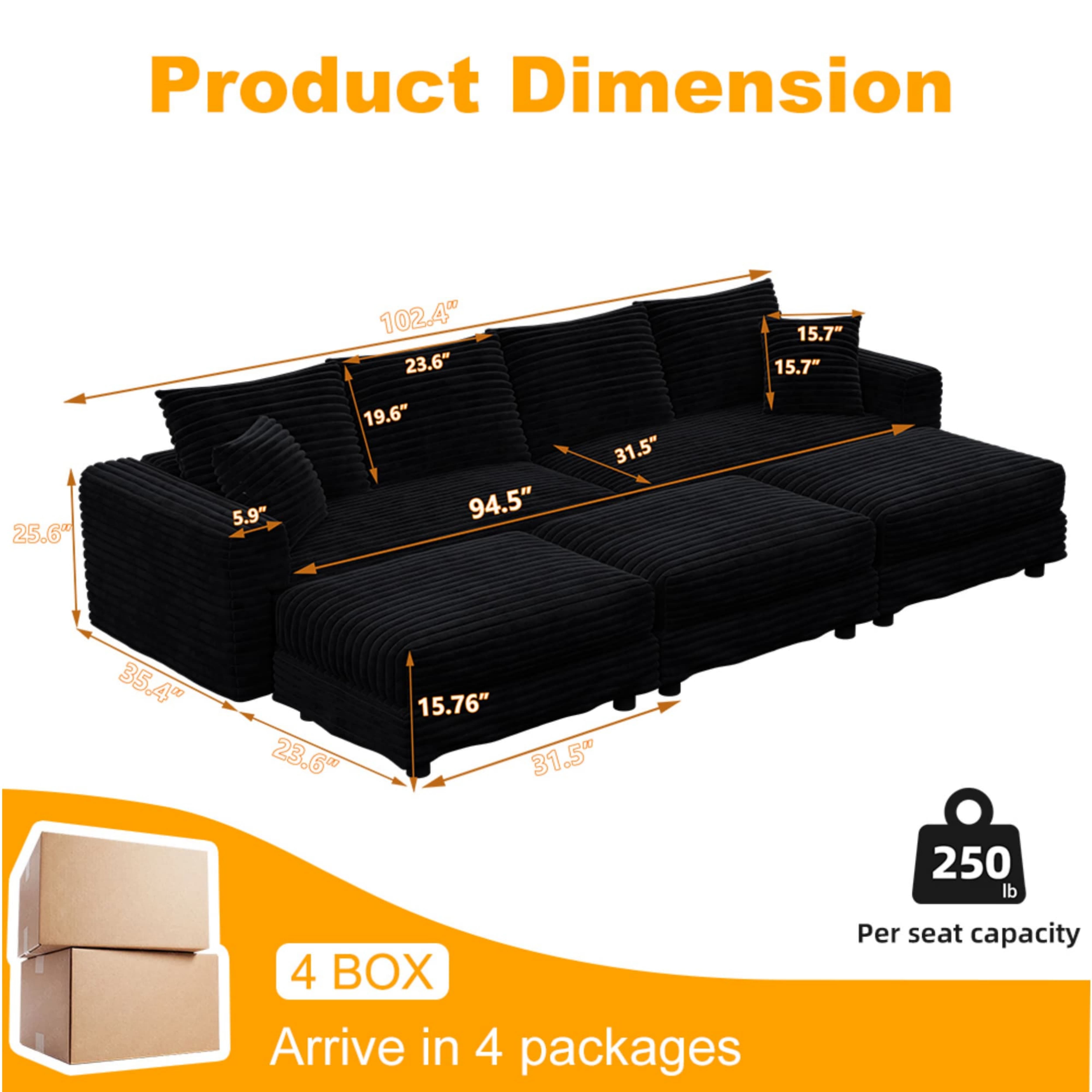 Alvantor 4-Seat Sofa with 3 Movable Ottomans 102" W Corduroy Upholstered Deep Seat Couches Convertible Chaise for Living Room, Apartment Black