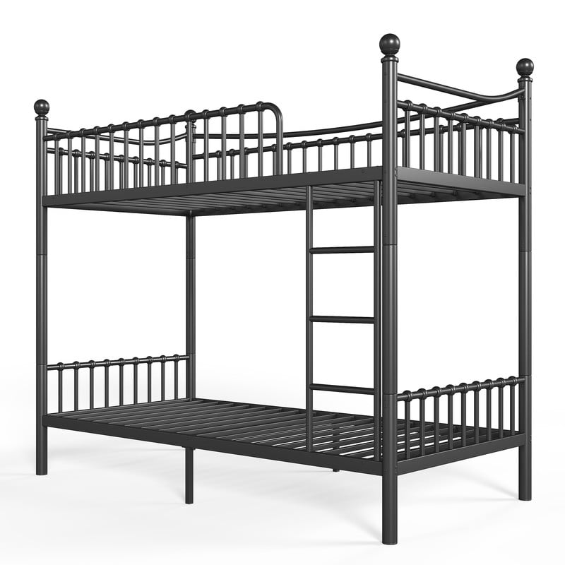 Twin XL over Twin XL Metal Bunk Bed with Curved Guardrail, Round Tube Bedpost Detachable Bed Frame for Kids, Teens & Adults