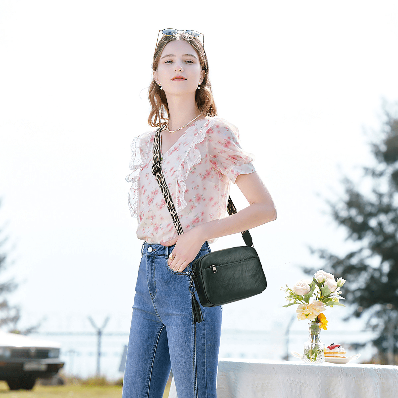 KL928 Leather Crossbody Bag for Women Ladies Wide Strap Shoulder Bag Small Purses and Handbags(Breen)