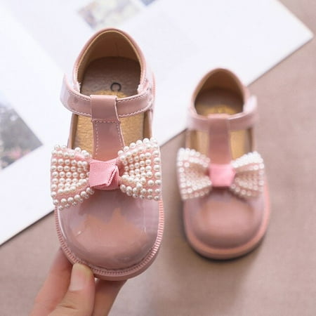 

DancePeanut Kids Girls Elegant Pearl Butterfly-Knot T-Strap Casual Shoes For Children Non-Slip Flat Leather Shoes Size 21-30