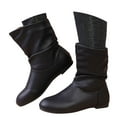 thumbnail image 2 of Women's Slouchy Leather Ankle Boots, Low Heel Round Toe Booties Waterproof Winter Mid Calf Riding Boots (Black 38), 2 of 8