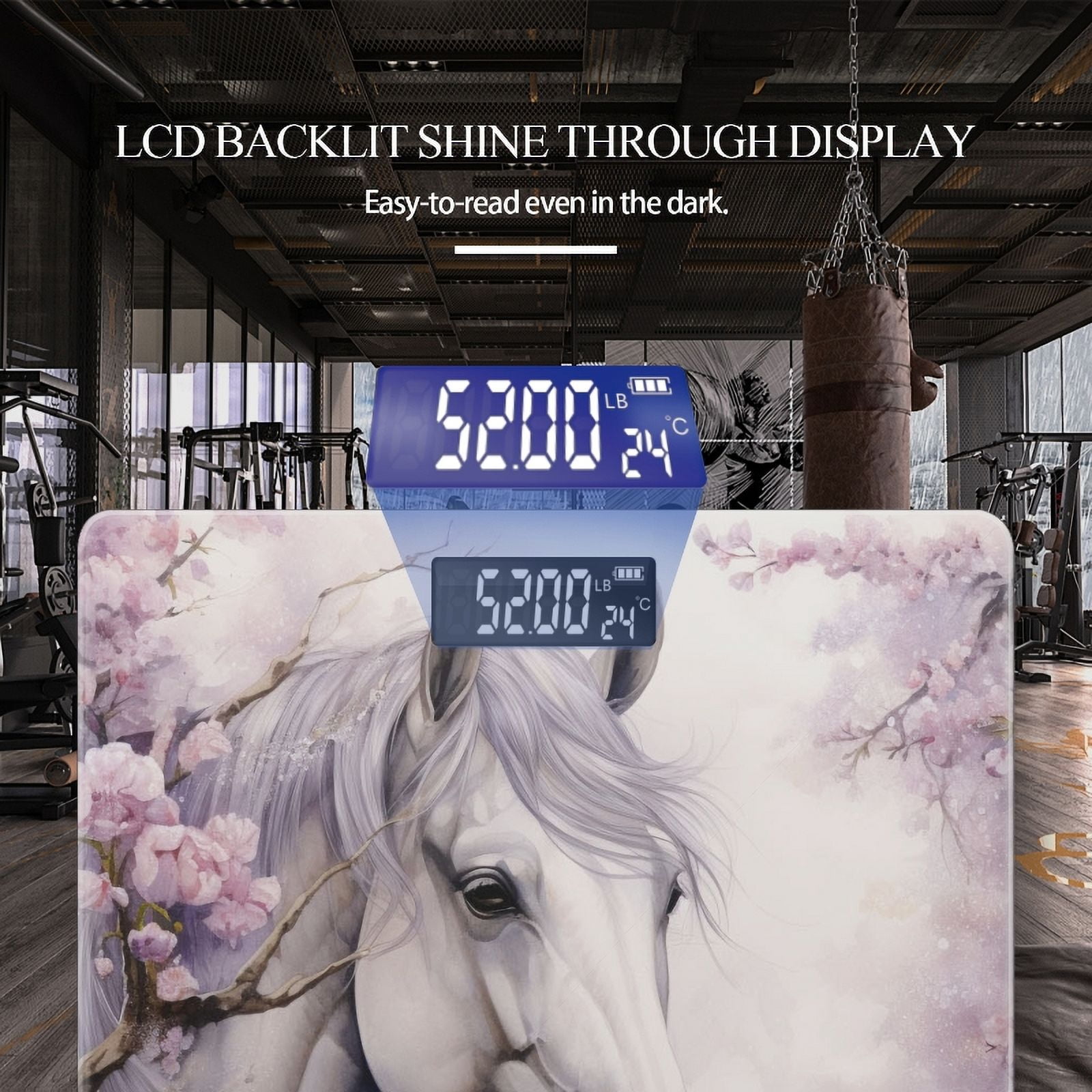 Bathroom Scale, Highly Accurate Digital Body Scale,Precisely Measures Weight up to 400 lbs-White Horse With Purple Mane And Ears Surrounded By Cherry Blossoms