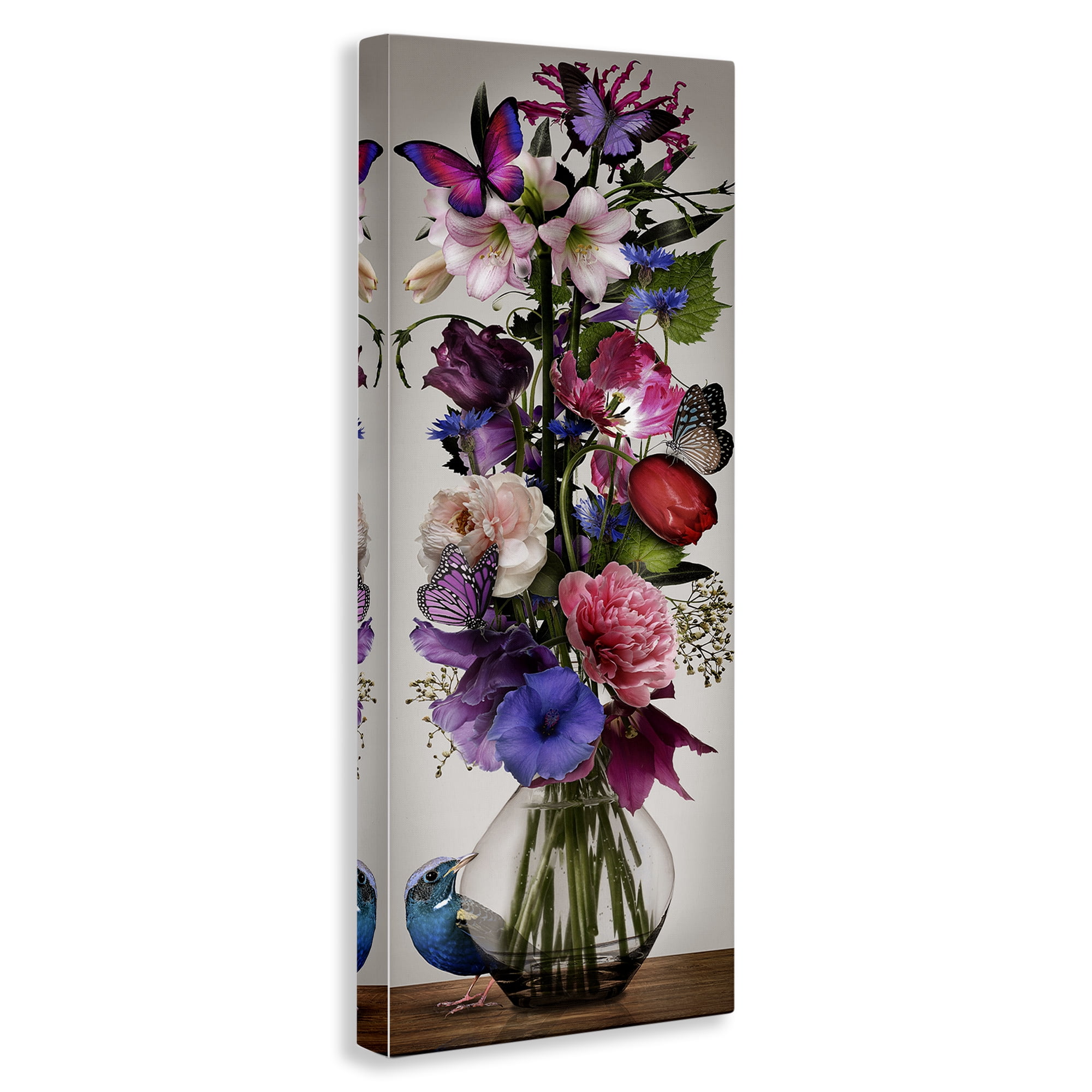 Stupell Industries Bird Peeking at Bouquet Plants & Flowers Painting Wrapped Canvas Art Print Wall Art, 10 x 24