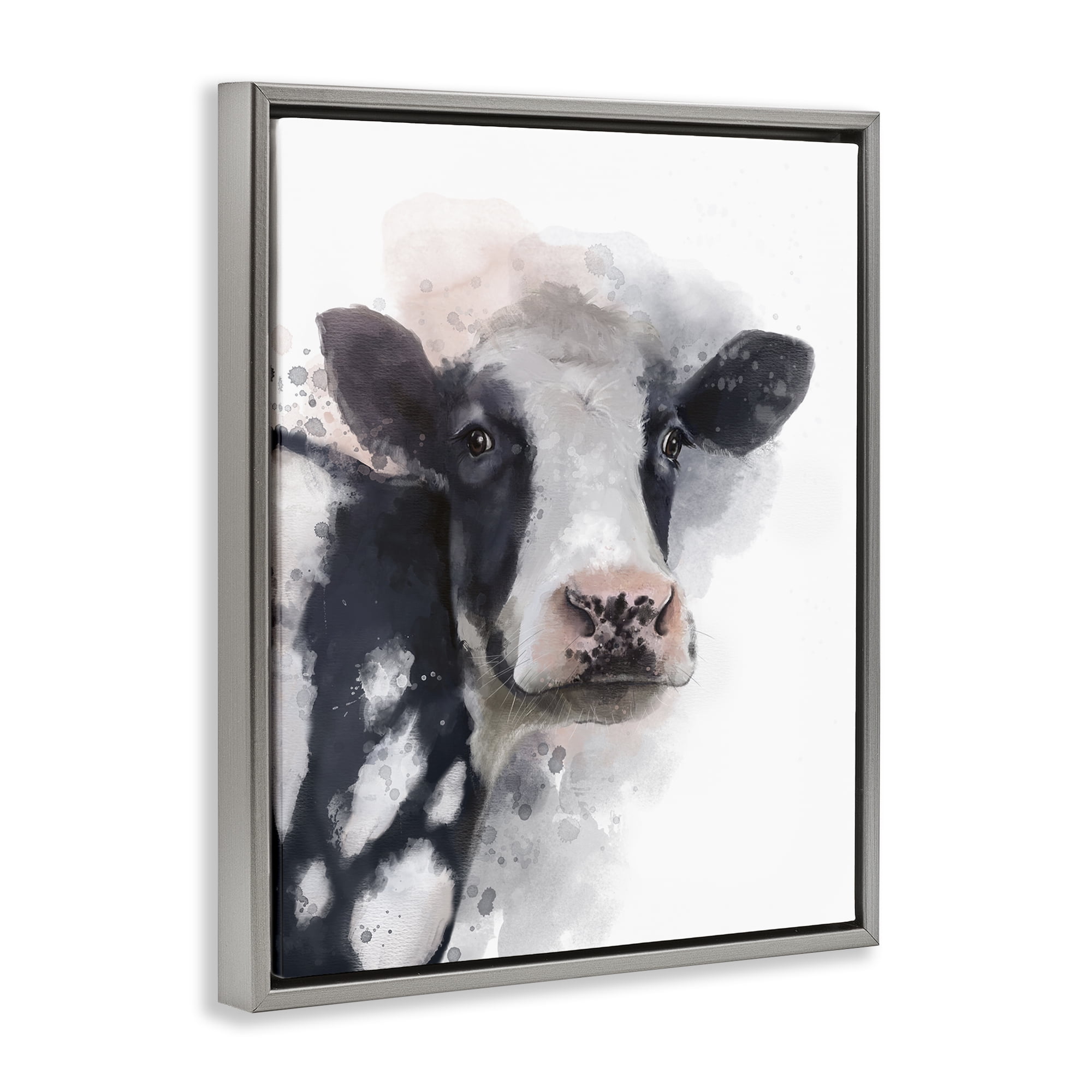 Stupell Industries Black & White Calf Animals Painting Gray Floater Framed Canvas Art Print Wall Art, 25 x 31