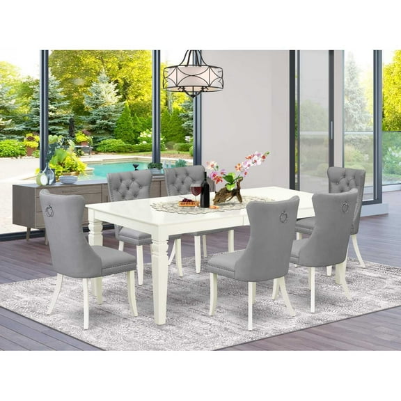 Modern 7 Piece Dining Set - Rectangle Table with Leaf & 6 Linen White Chairs