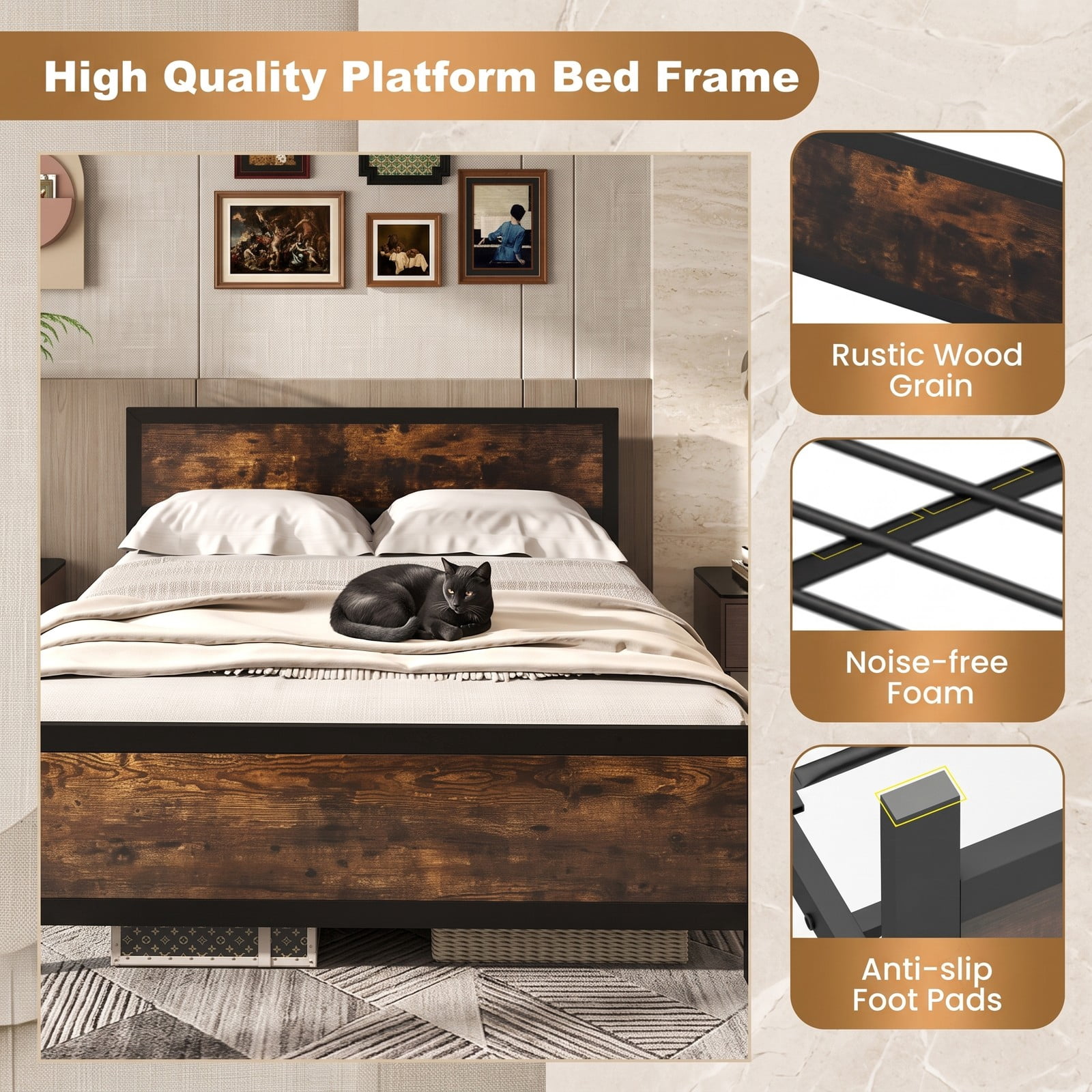 Furnibear Queen Size Bed Frame Metal Platform Bed with Wood Panel Headboard and Footboard, Under Bed Storage No Box Spring Needed, Rustic Brown