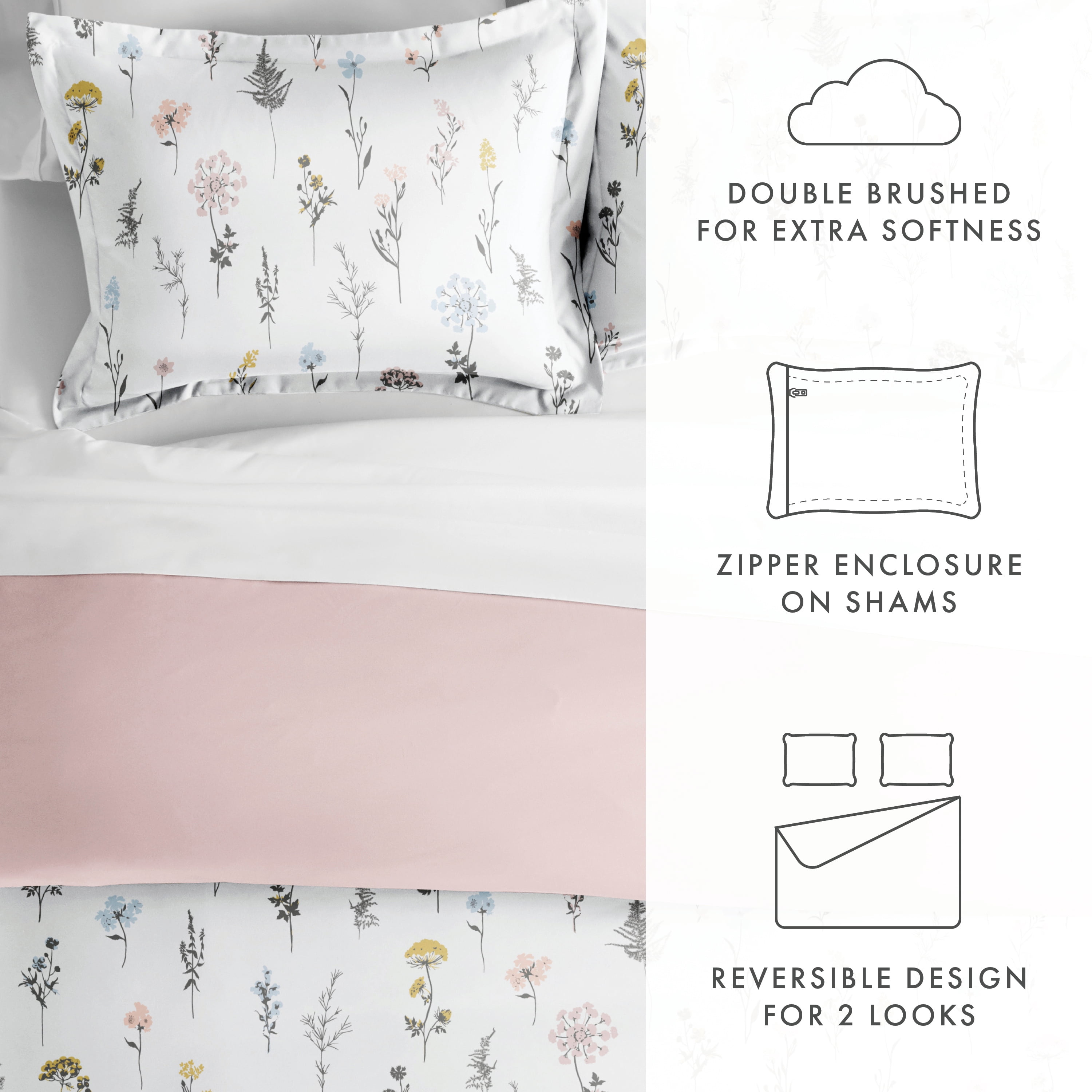Noble Linens Pink Reversible Wild Flower Print 3-Piece Duvet Cover Set, King/CalKing
