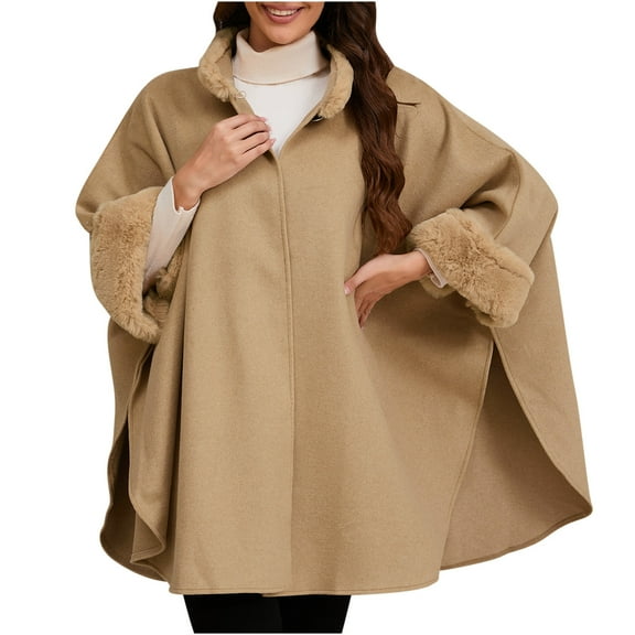 Women's Elegant Faux Fur Trim Woolen Capelet Shawl Oversized Cloak Cape Warm Poncho Winter Soft Shawl Cover Up