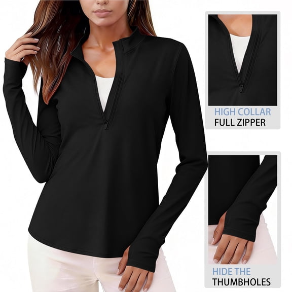 Nmnitkp Women's UPF 50 Sun Protection Shirt, Long Sleeve 1/4 Zip High Collar Top with Thumbholes, Cooling Quick Dry Workout Hiking Golf Running Tee Black,M