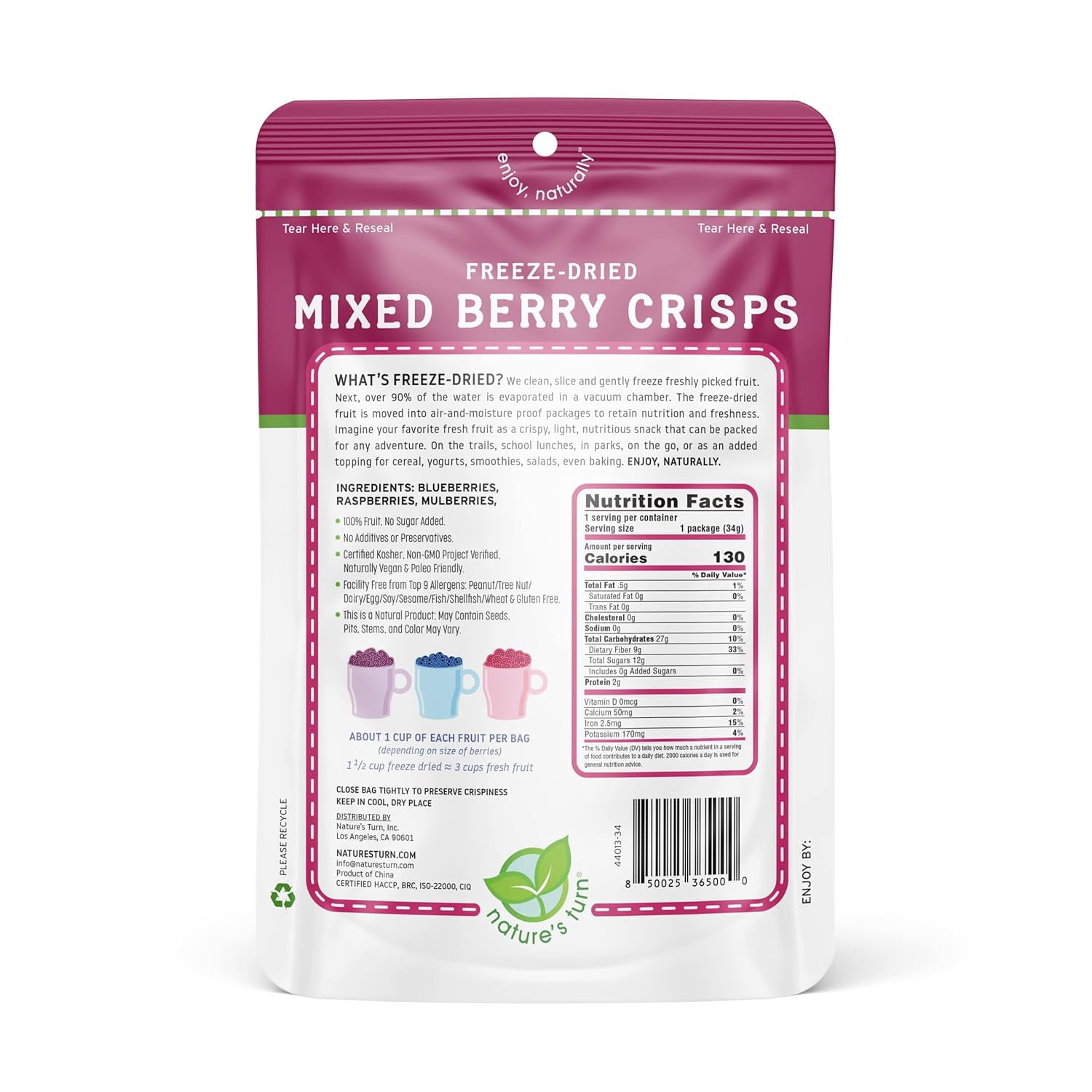 Nature’s Turn Freeze-Dried Mixed Berry Crisps, No Added Sugar, Healthy Natural Fruit Crisp Snack for School Lunches, 6 Pack (1.2 oz Each)
