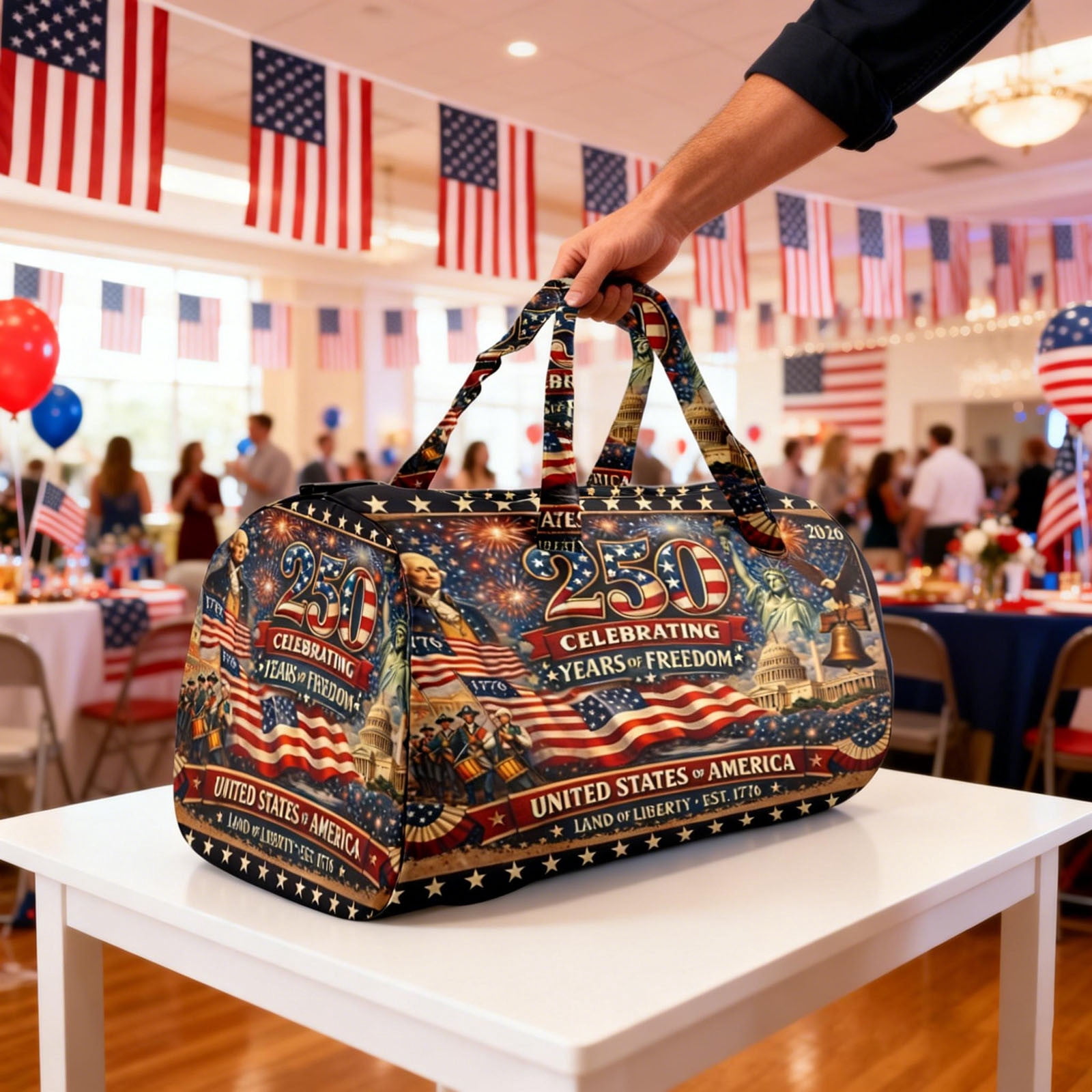 9"x9"x18" America 250th Anniversary âYears OF Freedomâ Heritage Handmade Hippie Van Quilted Duffle Bag, Declaration Of Independence Printed Hippie Van Quilted Duffle Bag, Boho Travel Bag