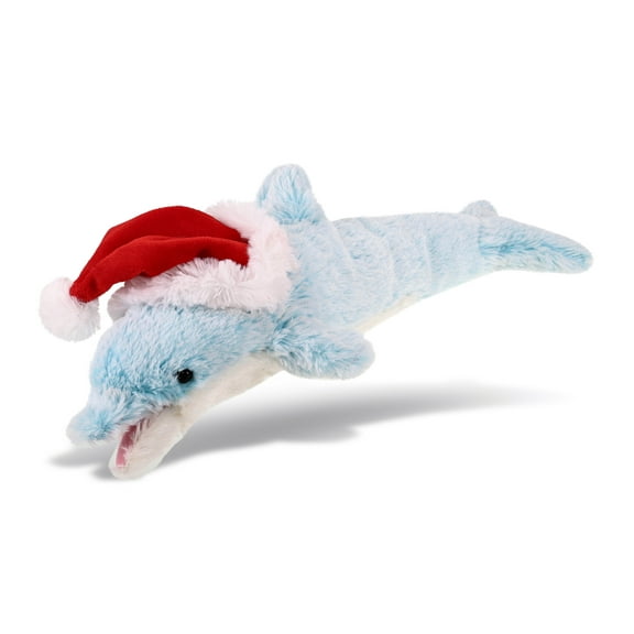 DolliBu Santa Blue Dolphin Stuffed Animal Plush Toy - Super Soft Ocean Life Animal Dress Up with Red Santa Claus Hat, Cute Ocean Life Gift, Perfect Holiday Gift - 14 Inches