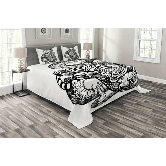 Ambesonne Tiger Quilted Bedspread Set 3 Pcs, Snake and Tiger Pattern, King Size, Black and White