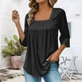 thumbnail image 4 of yunLCZ Casual Tops Discounted A Vintage Solid Color T Shirt With A Square Neck For Ladies A Casual Pleated Loose And Flowing Three Quarter Sleeve Top workout form-fitting T-shirts women, 4 of 7