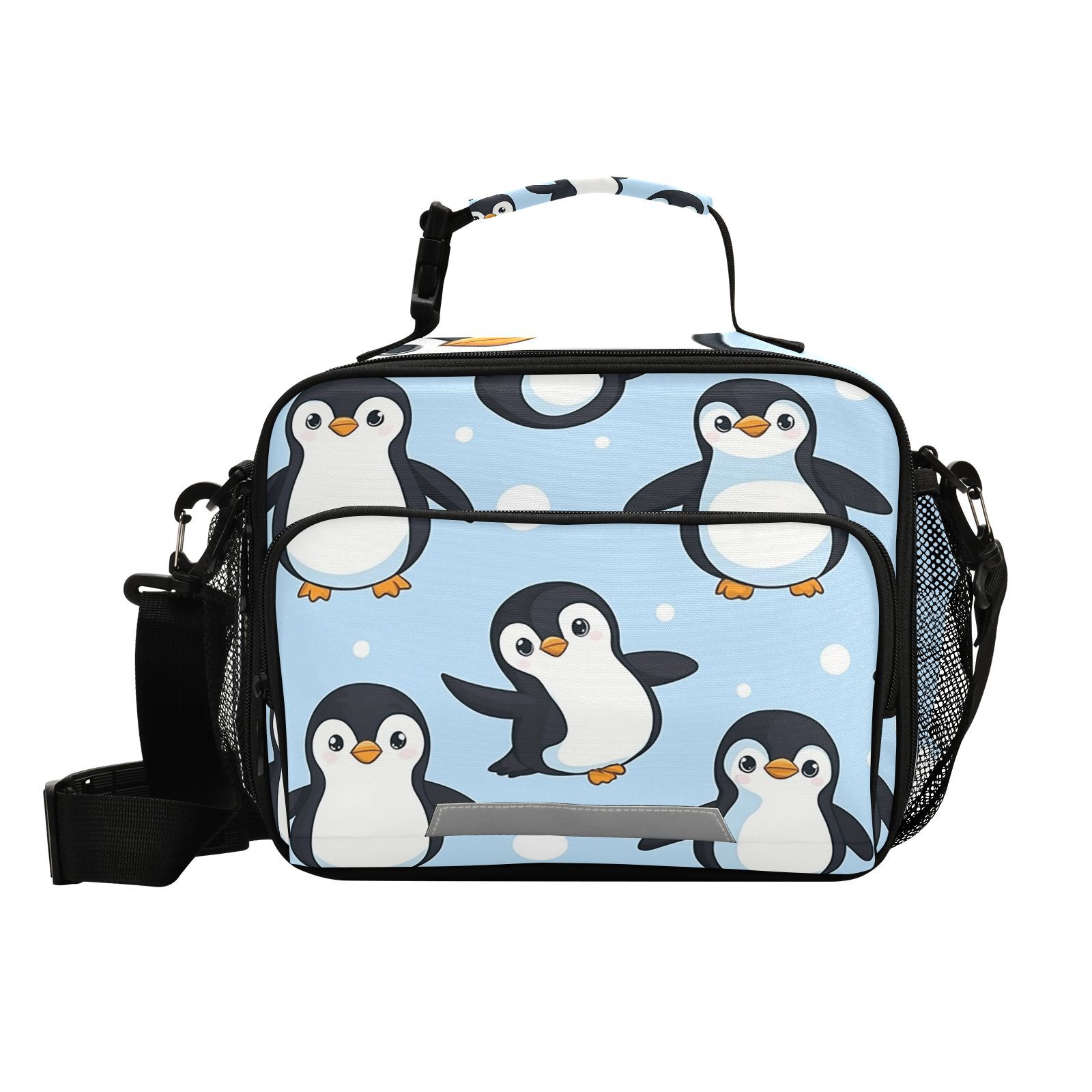 Penguins in Blue Lunch Bag Cooler Bag Cooling Tote Portable Shoulder Strap Interior Pockets for Picnic Travel