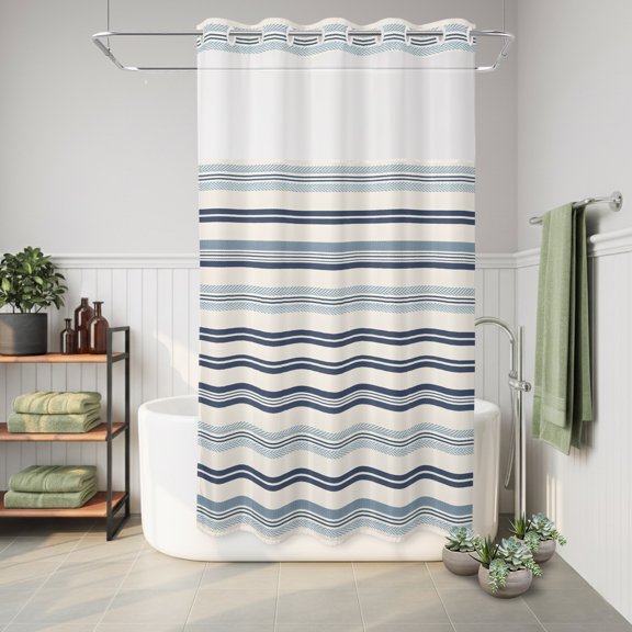 No Hook Shower Curtain Navy Blue Stripes Lines Waterproof Fabric Shower Curtain Beige Classic Striped Hotel Style Bathroom Curtain with See Through Top Window Machine Washable 36x72in