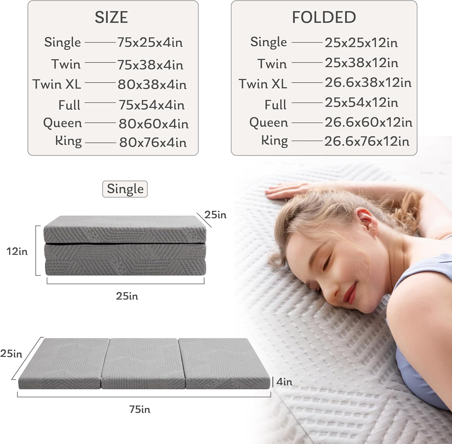 MLILY 4 Inch Tri-Fold Memory Foam Mattress, Collapsible Travel Guest Mat with Washable Cover, 75"25"4", Grey