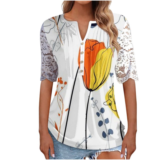 Blusa informal de manga corta con cuello en V y malla de encaje con estampado floral para mujer OAVQHLG3B Store lin121212