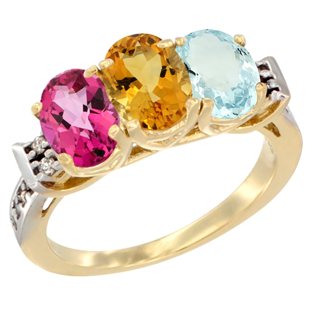 10K Yellow Gold Natural Pink Topaz, Citrine & Aquamarine Ring 3-Stone Oval 7x5 mm Diamond Accent, sizes 5 10 by WorldJewels