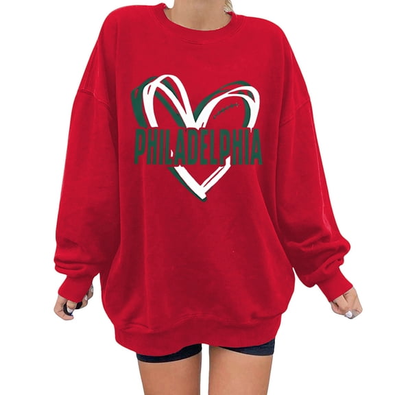 Arlun Philadelphia Crew Neck Sweatshirts for Women Heart Graphic Game Day Sweatshirt Football Team Fans Pullover Shirt Drop Shoulder Long Sleeve Loose Casual Tops Red XL