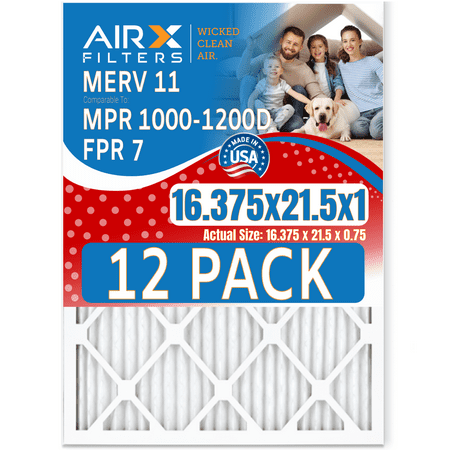 

16.375x21.5x1 Air Filter MERV 11 Rating 12 Pack of Furnace Filters Comparable to MPR 1000 MPR 1200 & FPR 7 - Made in USA by AIRX FILTERS WICKED CLEAN AIR.