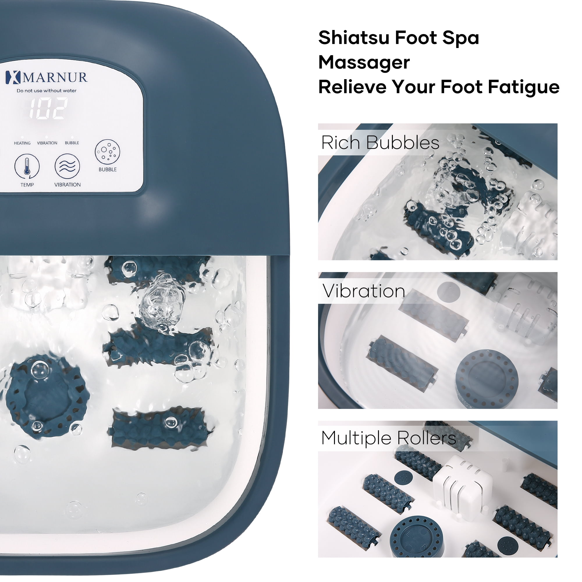 MARNUR Foot Spa Bath Massager with Heat, Rich Bubble, Vibration, Rollers and Lower Noise - Blue