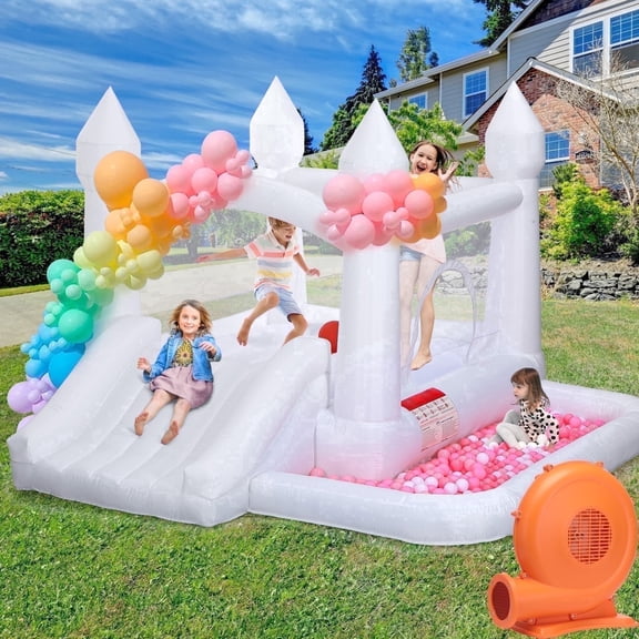 Toiyjofe White Bounce House with 400W Blower, 10x10ft Inflatable Bouncer with Slide and Ball Pit for Kids 3-6, Indoor Outdoor Party Use