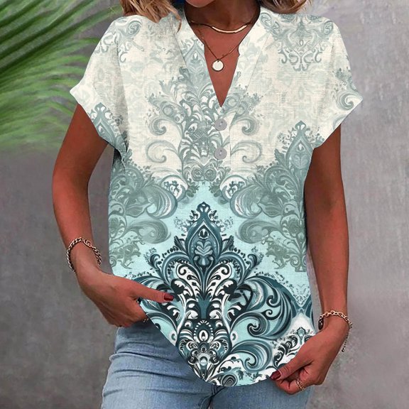 Ichuanyi Womens Printed Tops Short Sleeve Shirts Dressy Casual Henley V-Neck Summer Tops T-Shirts Loose Fit Tunic Blouses