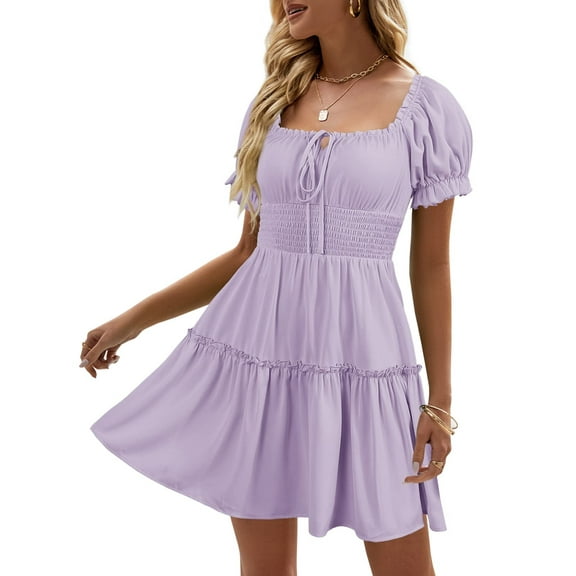 Womens Smocked Square Neck Boho Floral Short Sleeve Ruffle Beach Summer Mini Dress