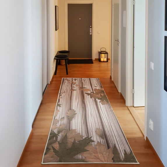 Autumn Decorative Rug, Fall Maple Leafs Tree Diagonal Leaves Foliage Rustic Wooden Planks Illustration, Quality Carpet for Bedroom Dorm and Living Room, 6 Sizes, Tan Champagne, by Ambesonne
