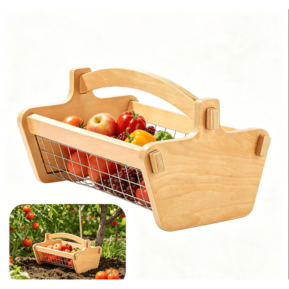 Damkogic Rustic Wood and Mesh Harvest Basket with Handle, Sturdy Farm Produce Carrier for Garden Fruit & Vegetable Picking