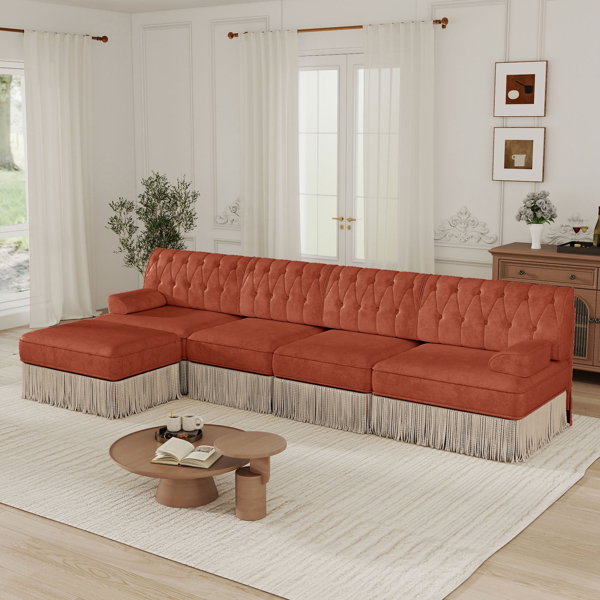MAYEERTY 135 Inch L-Shaped Sectional Sofa, Pet Friendly Chesterfield Modular Couch with Ottoman, Wooden Base for Living Room Bedroom Rest Area