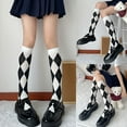 thumbnail image 3 of Women Black White Knee High Socks Argyle Diamond Plaid Lolita Student Stockings, 3 of 17