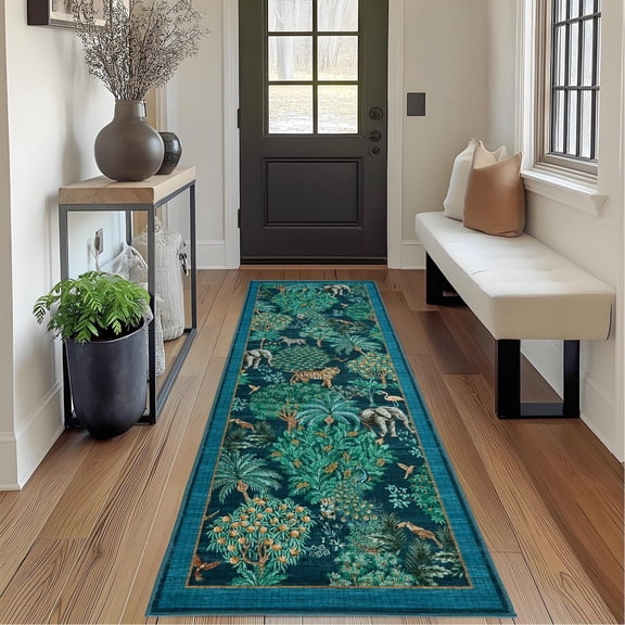 2x6 Runner Rug for Hallway, Washable Floral Throw Rug, Modern Jungle Animal Non Slip Indoor Mat, for Entryway, Laundry, Kitchen, Blue