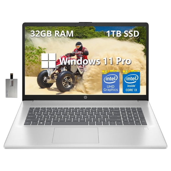 HP 17.3" IPS FHD Business Laptop, Intel Core i3-N305 Processor, 32GB RAM, 1TB SSD, Intel UHD Graphics, Fingerprint Reader, HD Camera, Wi-Fi 6, Windows 11 Pro, Natural Silver, 32GB Hotface USB Card