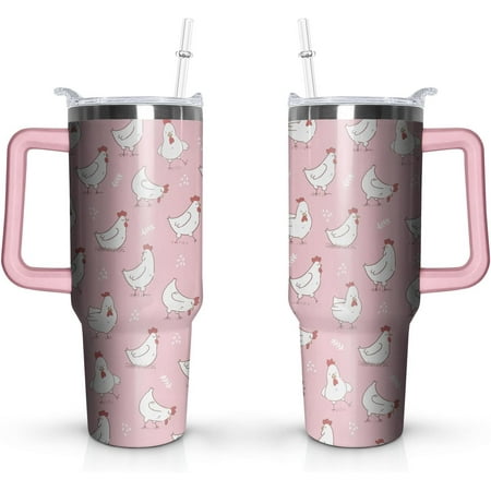 

40 Oz Chicken breed Tumbler with Handle and Straw Breeds of Chicken Cup Tumbler Coffee Travel Mug Water Bottle Pink Chicken Gifts for Chicken Lovers Rooster Gifts Christmas Birthday Gifts for Women