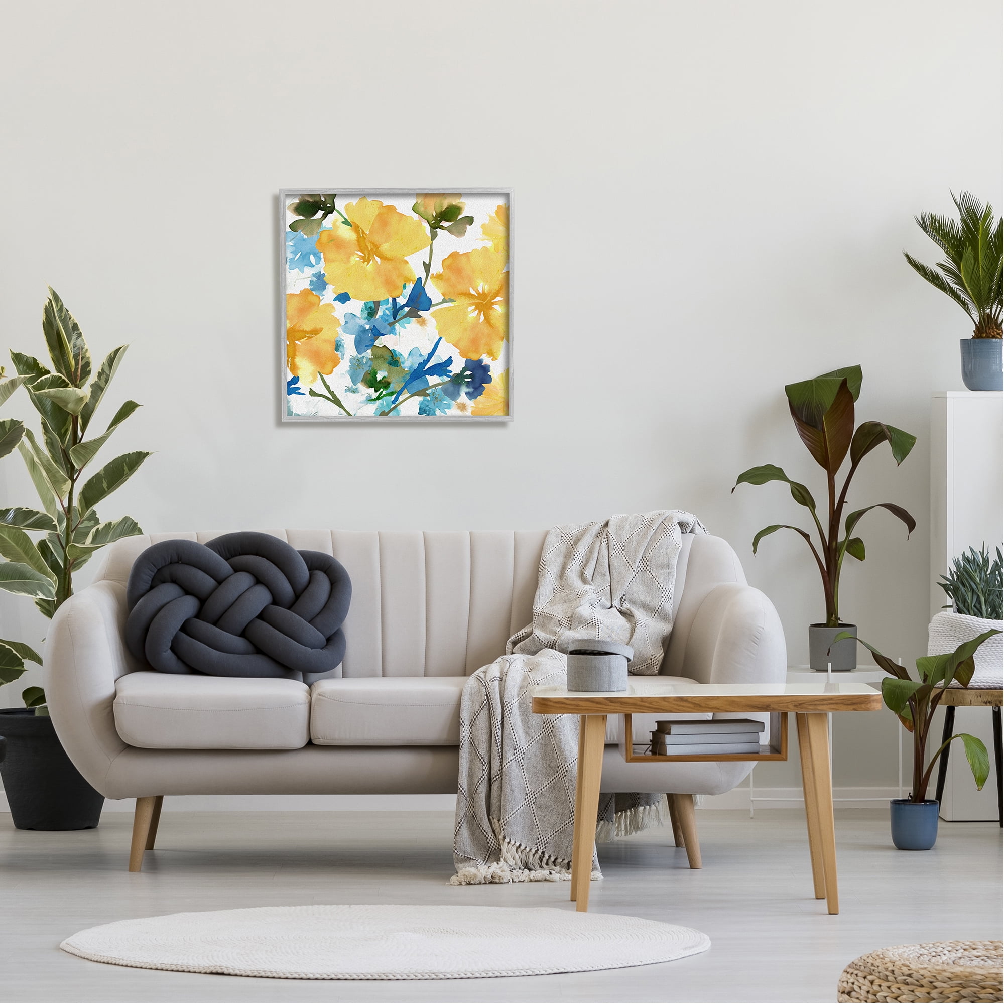 Stupell Industries Yellow & Blue Hibiscus Botanical & Floral Painting Gray Framed Art Print Wall Art, 24 x 24
