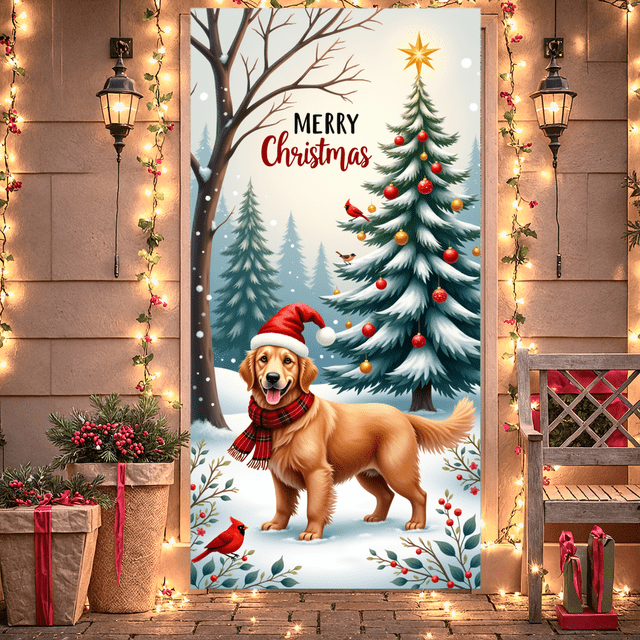 Decorative Design Christmas Banner with Red Car and Golden Retrievers for Holiday Celebration Winter Festive Event