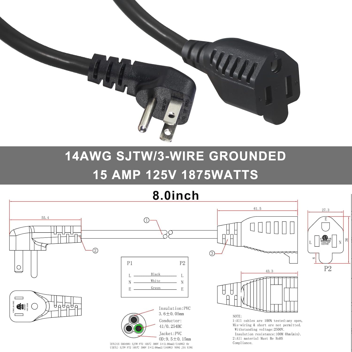 Short Power Extension Cord - Low Profile Wall Head 6 Inch 14AWG/3C SJTW Heavy Duty Extension Cable for Indoor/Outdoor, 90-Degree Flat Plug 15A/125V 1875W NEMA 5-15P to NEMA 5-15R, Black 2-Pack