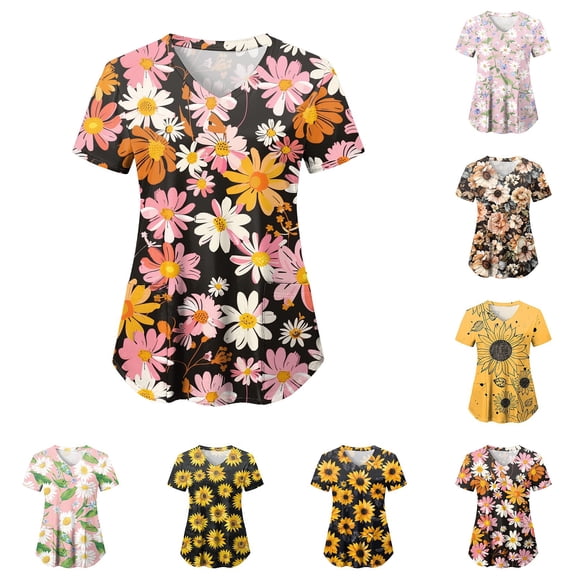 GEWSEY Scrub Tops for Women Plus Size Stretch V Neck Short Sleeve Nursing Scrub Shirts Lightweight Medical Uniform (Orange, S)
