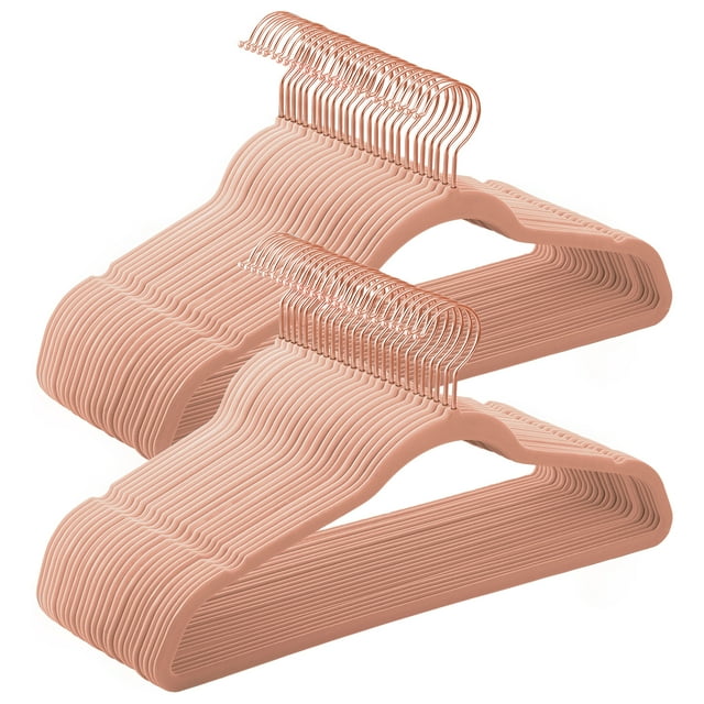 SONGMICS Juego de 50 Perchas de Terciopelo, 41.5 cm de Largo, con Ganchos Giratorios de 360°, para Camisas de Abrigo Completas, Rosa