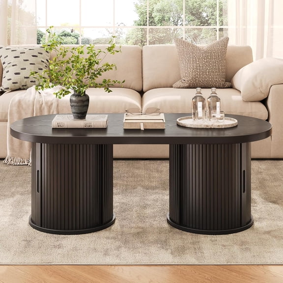 Mid-Century Modern Fluted Oval Coffee Table with 2 Storage Legs and Sliding Doors