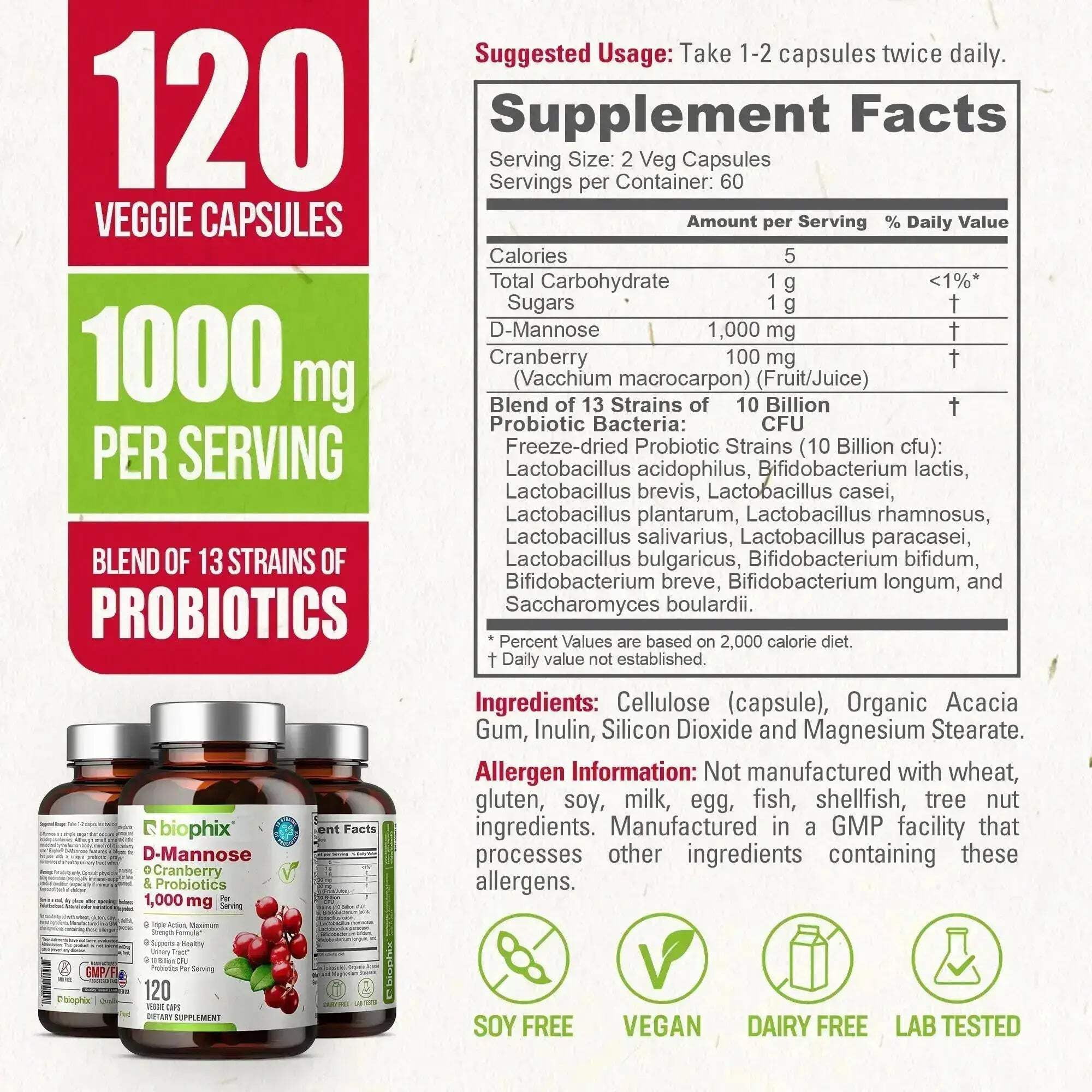 Biophix D-Mannose with Cranberry & Probiotics 1000mg - 120 Vcaps 2 Pack for Urinary Tract Health