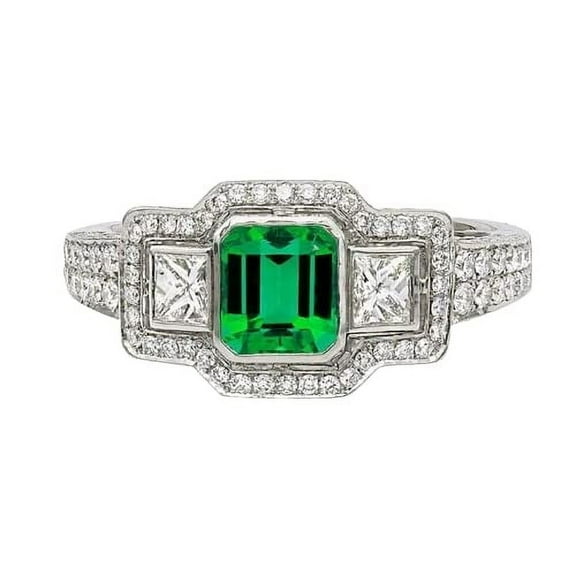 HeartsAndYou 3.5ct Natural Emerald Halo Trilogy Cocktail Ring 100% 14k SOLID White Gold