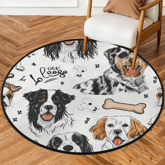 CURLYOOT Round Rug 3ft Dog Print Area Rug, Washable Circle Mat Non Slip Floor Carpet Mat, Soft Indoor Rugs for Entryway Living Room Dining Room Bedroom