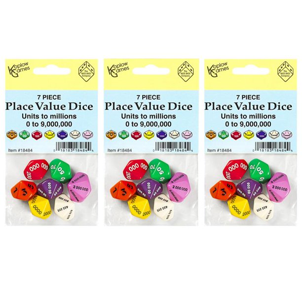 PLACE VALUE DICE, UNITS TO MILLIONS, 7 PER SET, 3 SETS