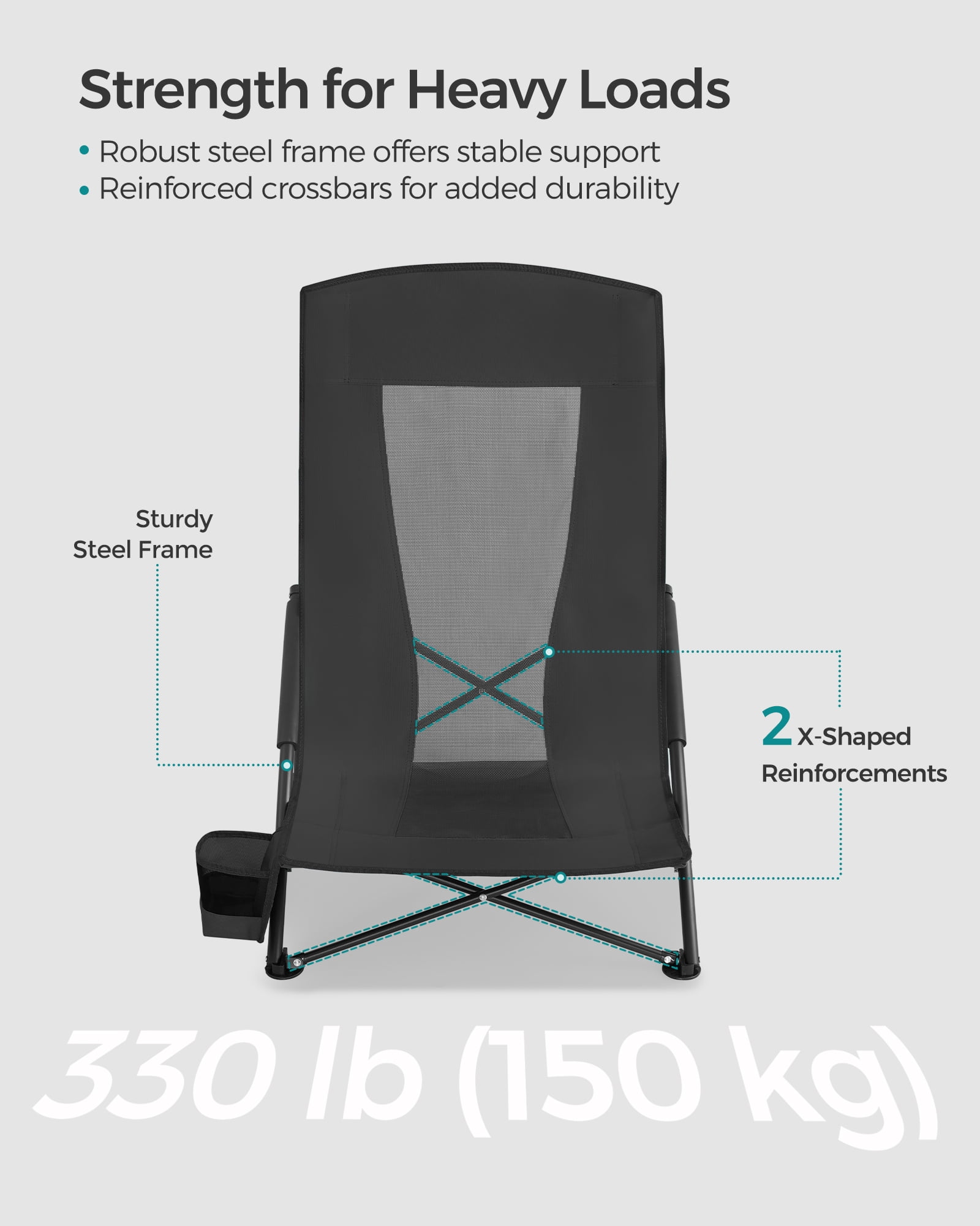 Set of 2 Camping Chairs, Beach Chairs, Portable Outdoor Chairs, with High Backrest, Cup Holder, Lightweight, Heavy-Duty, Max. Load 330 lb per Chair, Black