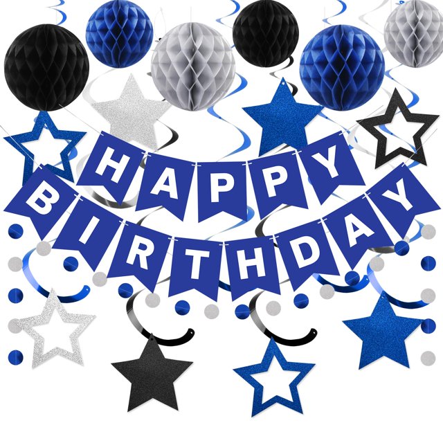 Decoraciones de cumpleaños meowtastic Happy Birthday azul y plateado