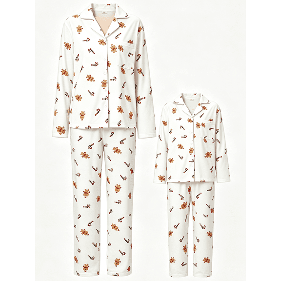 RUINIXCW Mommy and Me Matching Pajamas Gingerbread Man Long Sleeve Lapel Tops Pants